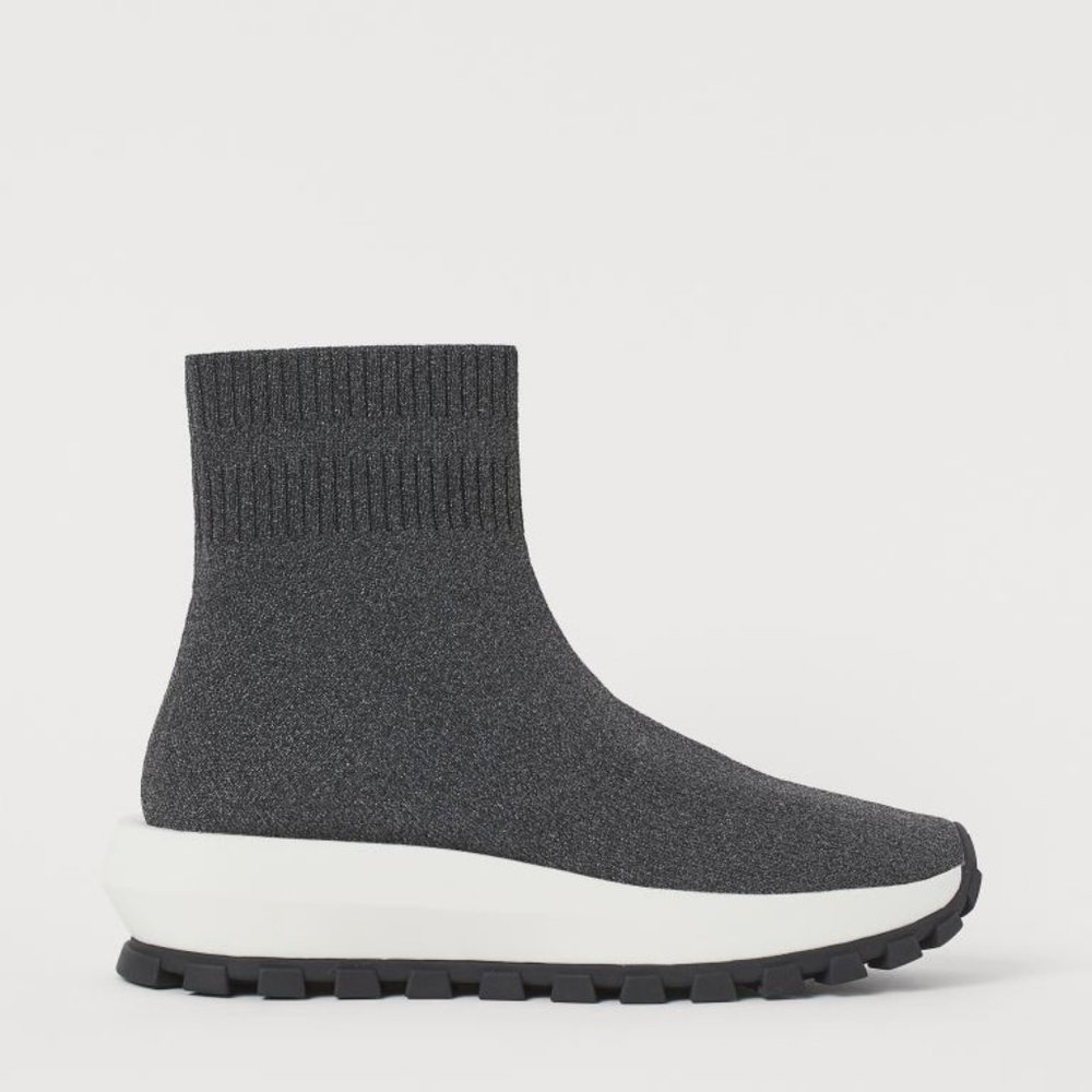 Ankle Boot - fabric “sock” sneakers / stretchy booties. Glittery & white sole